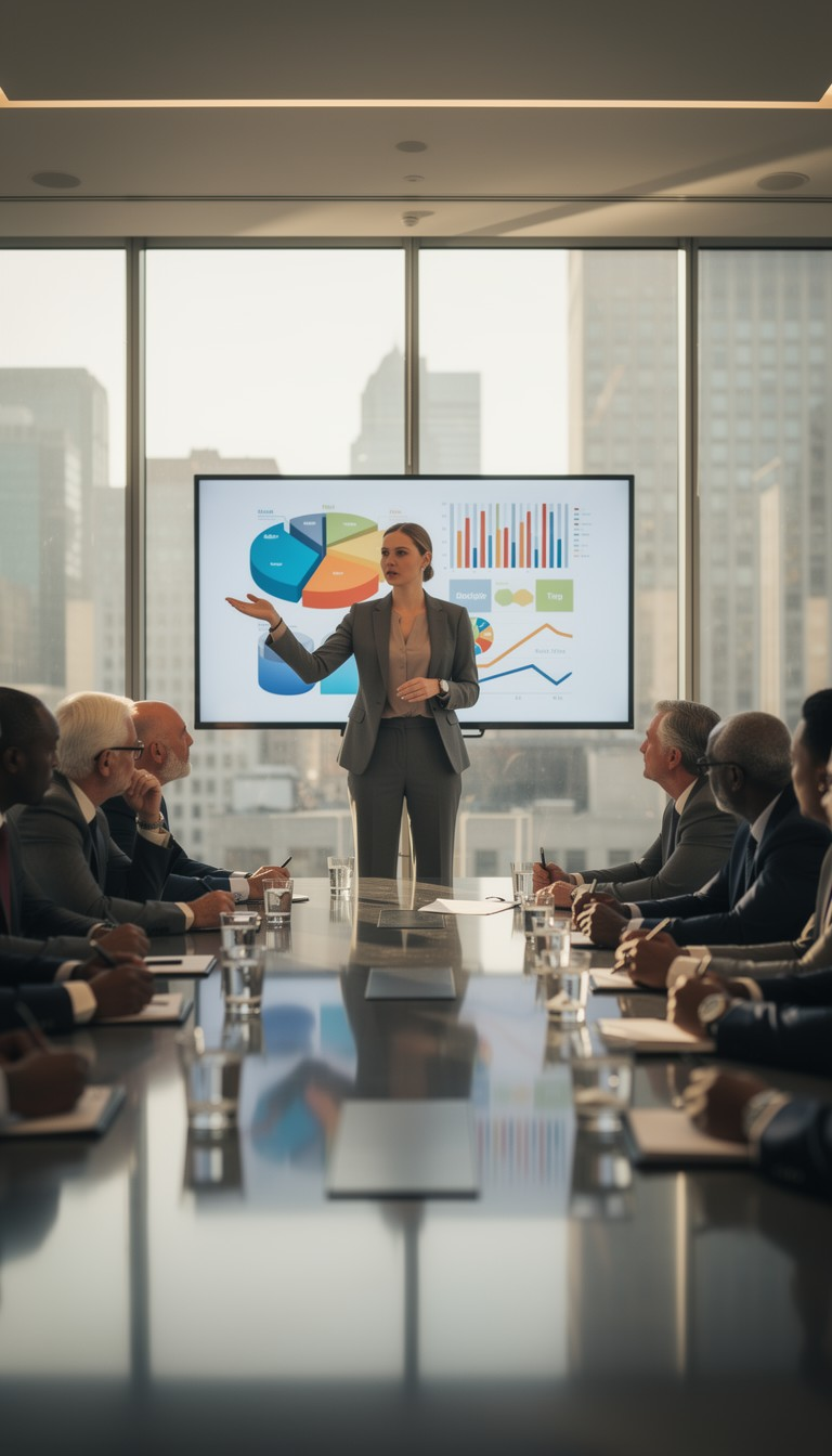 Mulher executiva apresentando resultados em sala de reunião